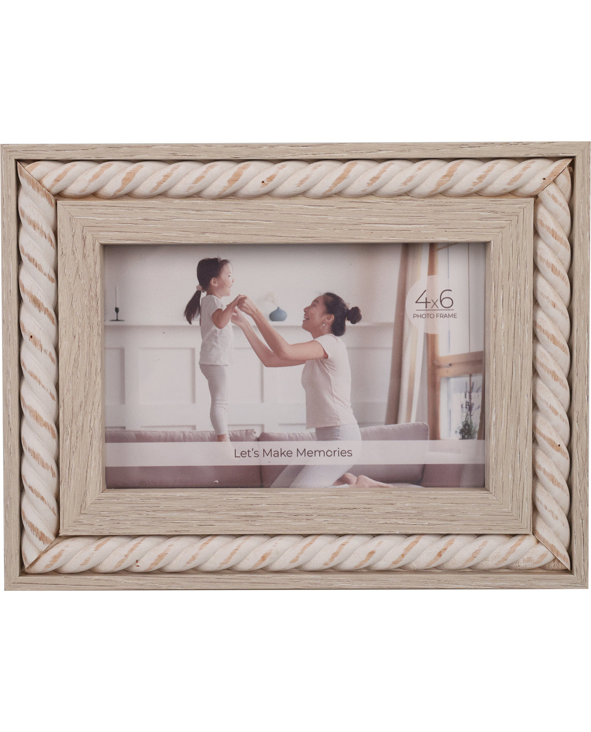 A rectangular 4x6 photo frame with a distressed light wood finish and a rope-style border, shown against a plain white background. The frame contains a sample photo of a woman and child.