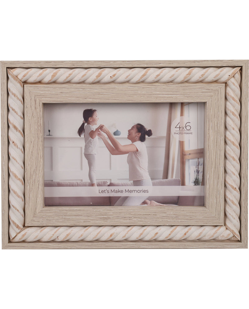 A rectangular 4x6 photo frame with a distressed light wood finish and a rope-style border, shown against a plain white background. The frame contains a sample photo of a woman and child.