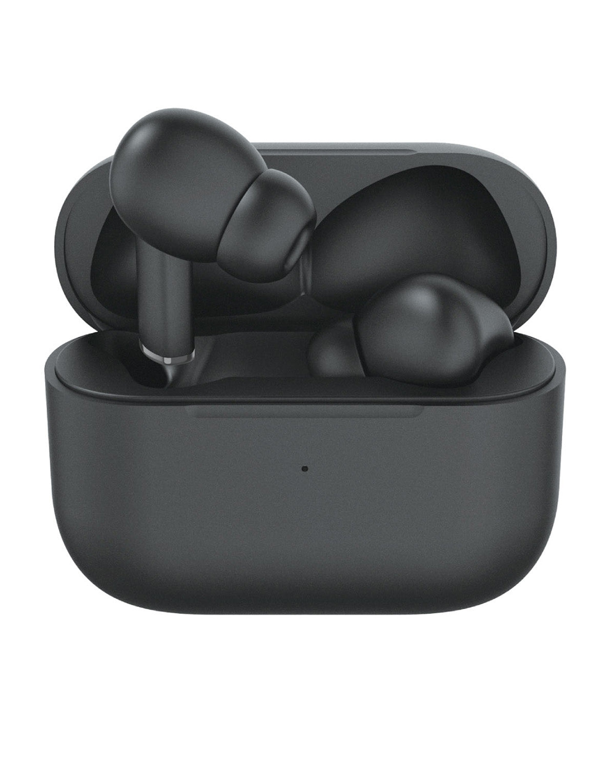 Black true wireless earbuds in an open charging case, shown on a plain white background.