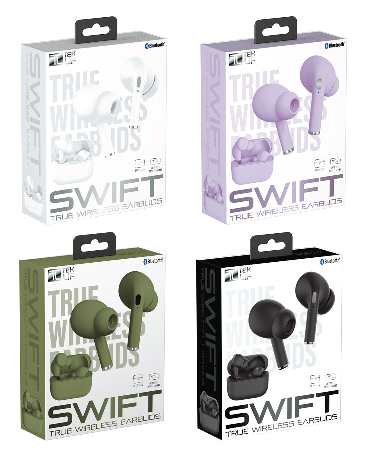 Four retail boxes of Swift True Wireless Earbuds arranged in a 2x2 grid, showing the earbuds in white, lavender, olive green, and black. The packaging features the brand name 'SWIFT' and Bluetooth logo.