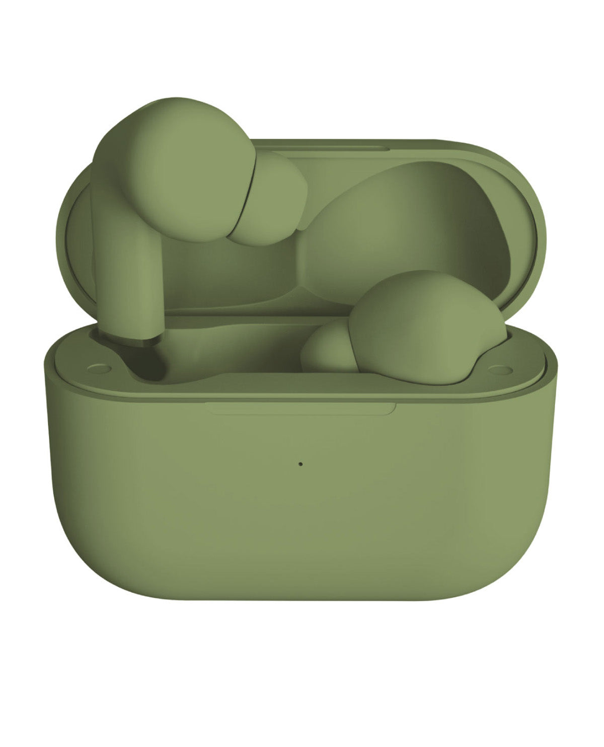 A pair of wireless earbuds in an open charging case, both in a matte sage green color, shown on a plain white background.