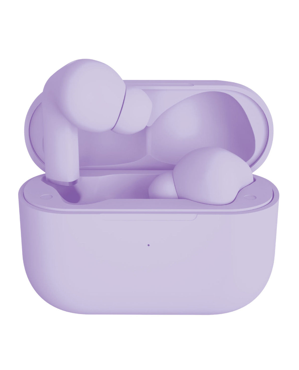 A pair of wireless earbuds in an open charging case, shown in a solid light purple/lavender color on a plain white background.