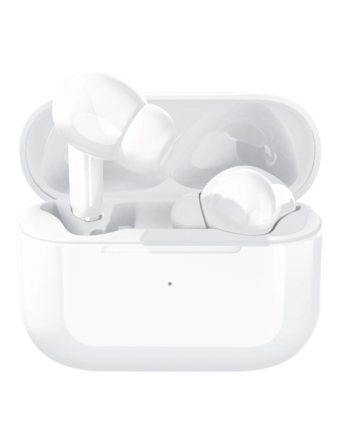 White wireless earbuds in an open charging case, shown on a clean white background.