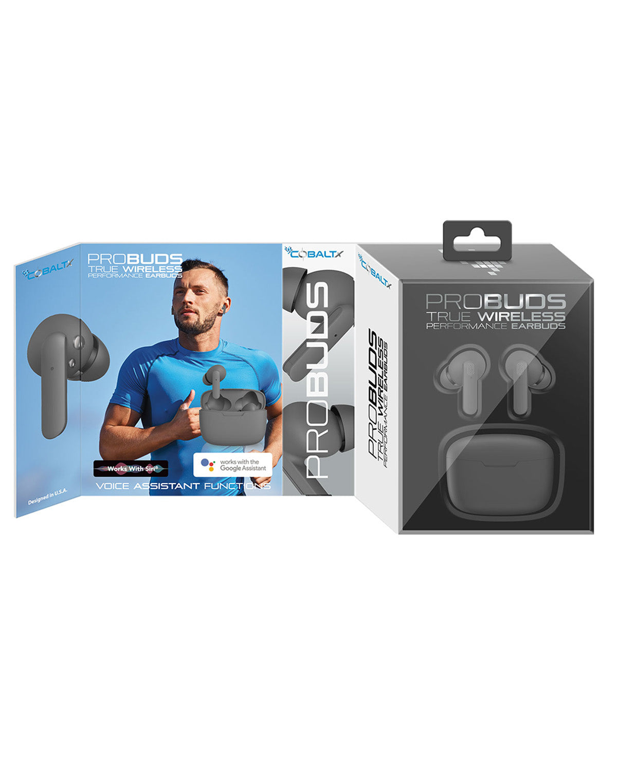 Two retail boxes for Balz ProBuds True Wireless In-Ear Earbuds shown on a plain white background: one blue-and-white box with a man wearing the earbuds, and one black-and-white box showing the earbuds and charging case through a window.