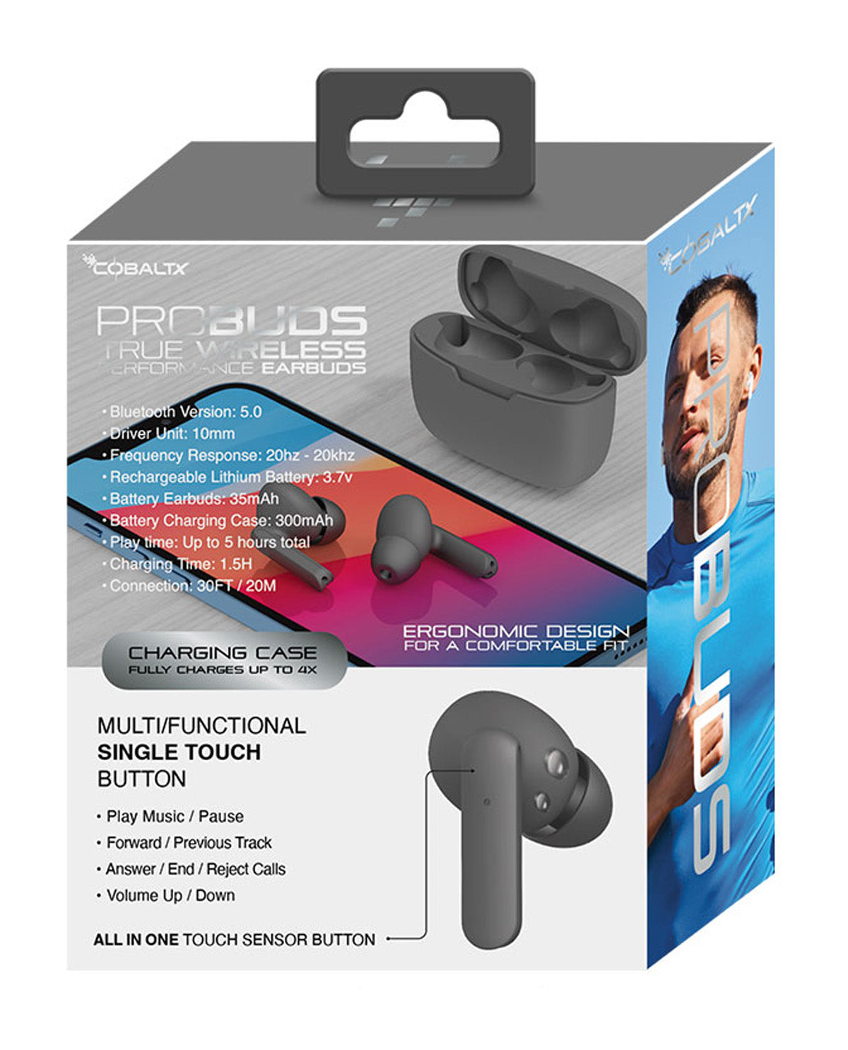 Coibalty ProBuds True Wireless Earbuds retail packaging box, featuring product images of the earbuds, charging case, and touch button on a clean white background.