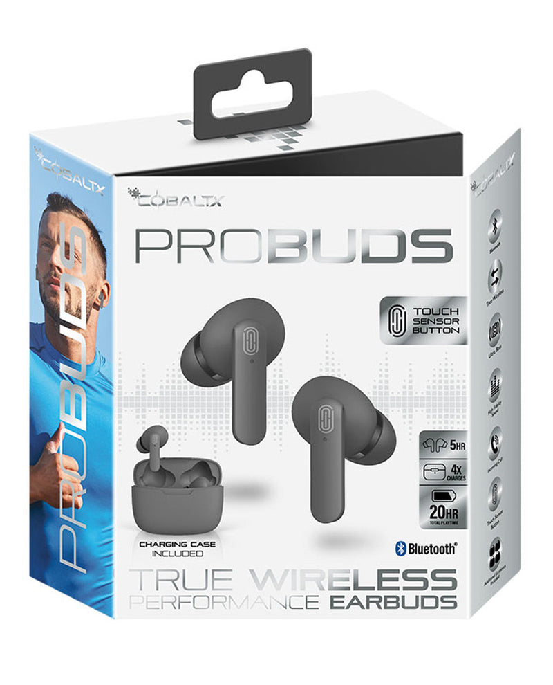 Lorba ProBuds True Wireless Earbuds retail packaging box, featuring a white and black design with a blue side panel showing a male athlete, and displaying the gray earbuds and charging case on the front.