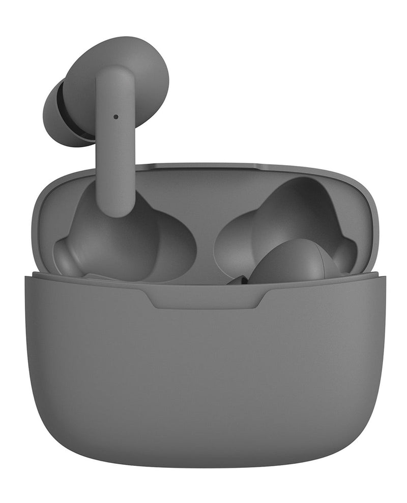 A pair of matte gray wireless earbuds with one earbud detached and resting above the open charging case, shown on a plain white background.