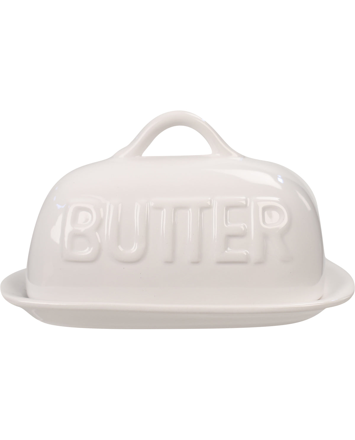 A white ceramic butter dish with a lid featuring the word 'BUTTER' embossed on the front, set against a plain white background.