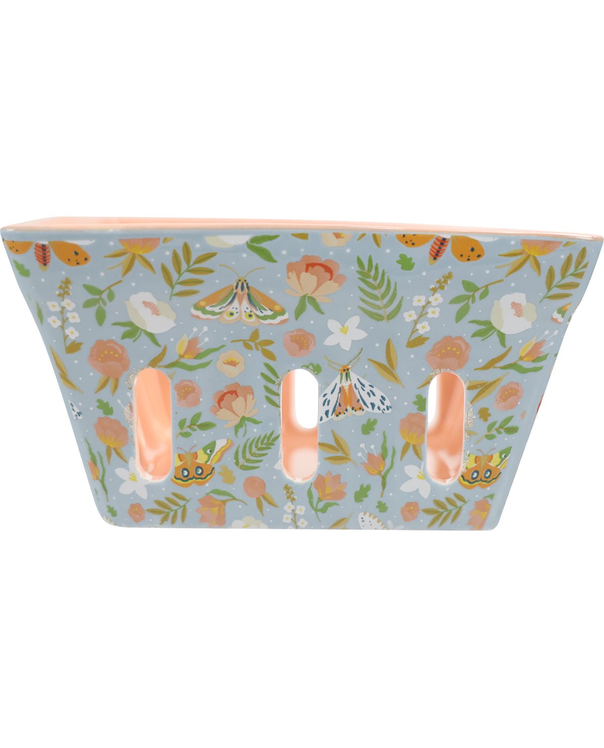 A rectangular ceramic planter with three vertical slits, featuring a light blue background decorated with a whimsical pattern of butterflies, moths, bees, and flowers in soft peach, orange, green, and white tones.
