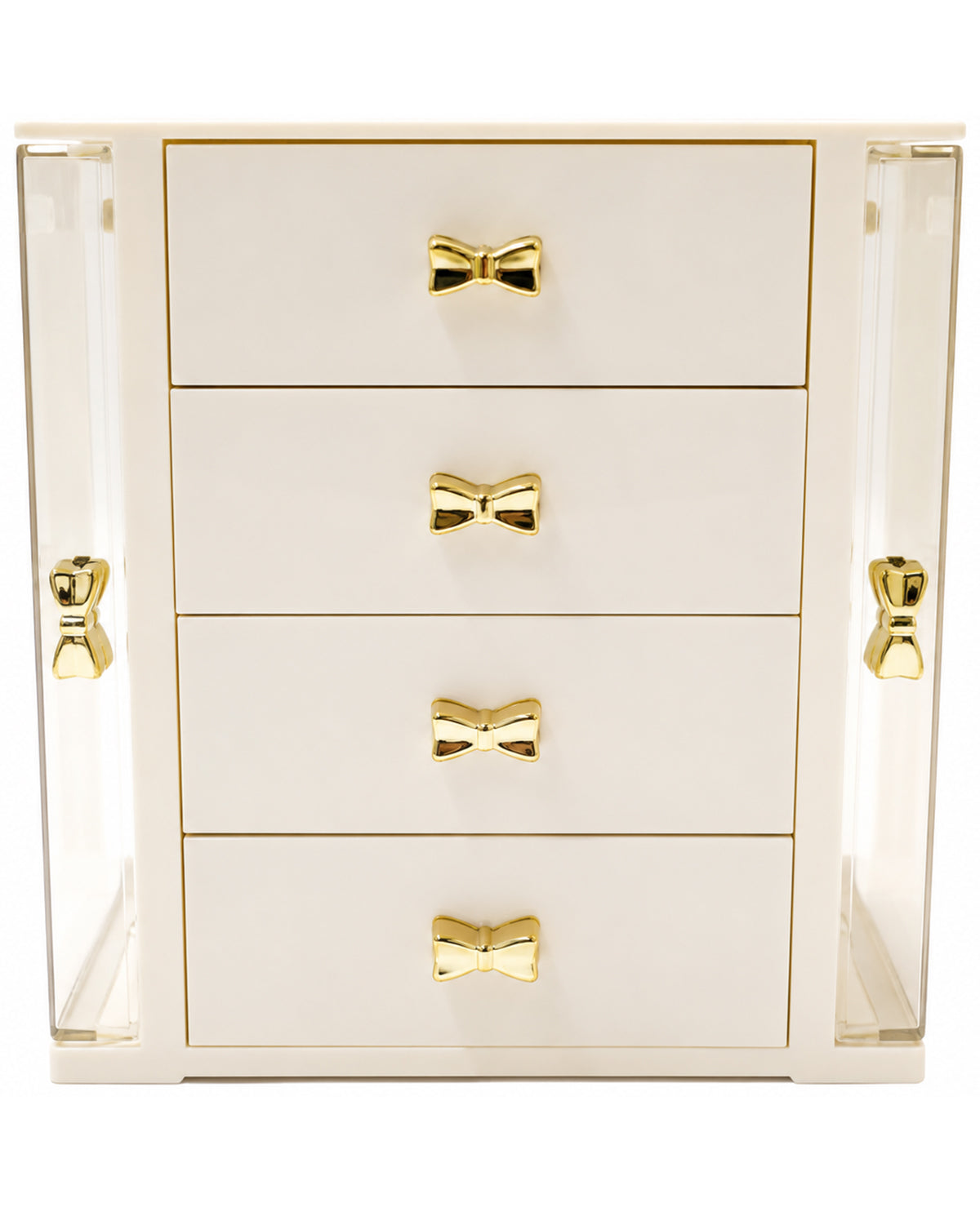 White jewelry box with gold bow-shaped handles on a white background