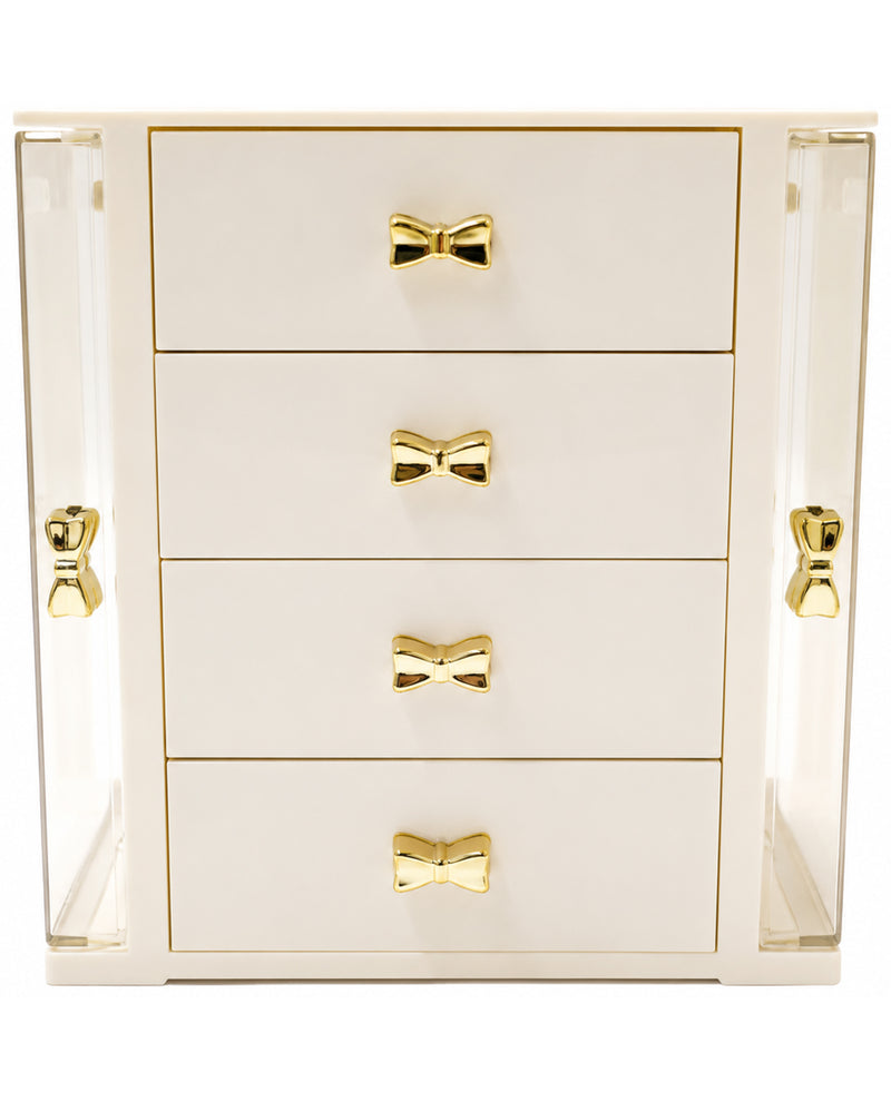 White jewelry box with gold bow-shaped handles on a white background