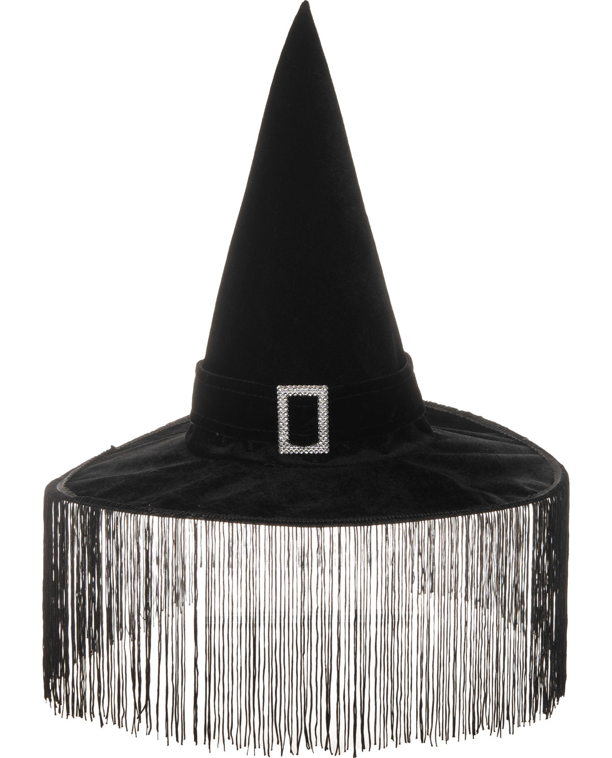 A black witch hat with a wide brim covered in long fringe and a small rhinestone-embellished square buckle at the base of the cone.