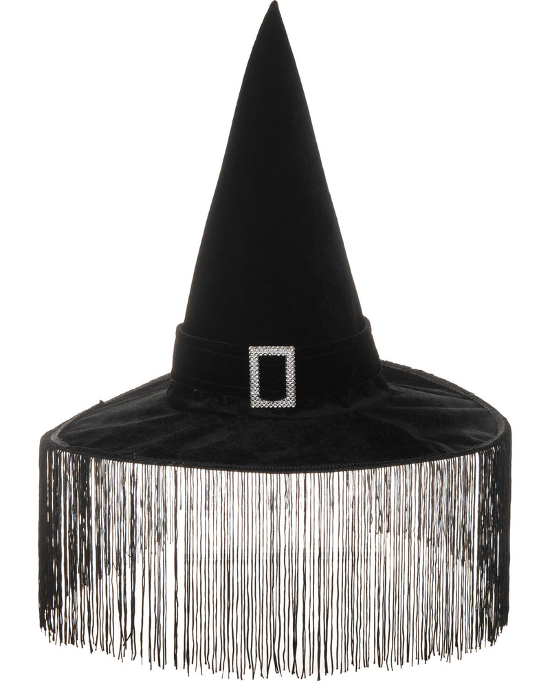 A black witch hat with a wide brim covered in long fringe and a small rhinestone-embellished square buckle at the base of the cone.