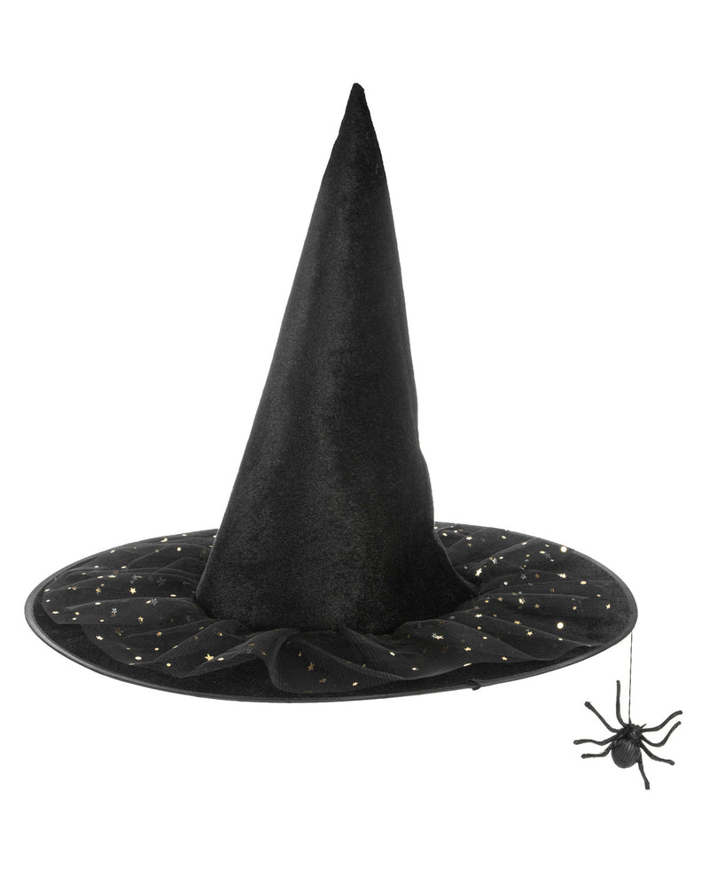 A black witch hat with a wide brim decorated with small gold glitter stars, shown on a plain white background with a small black spider decoration hanging near the brim.