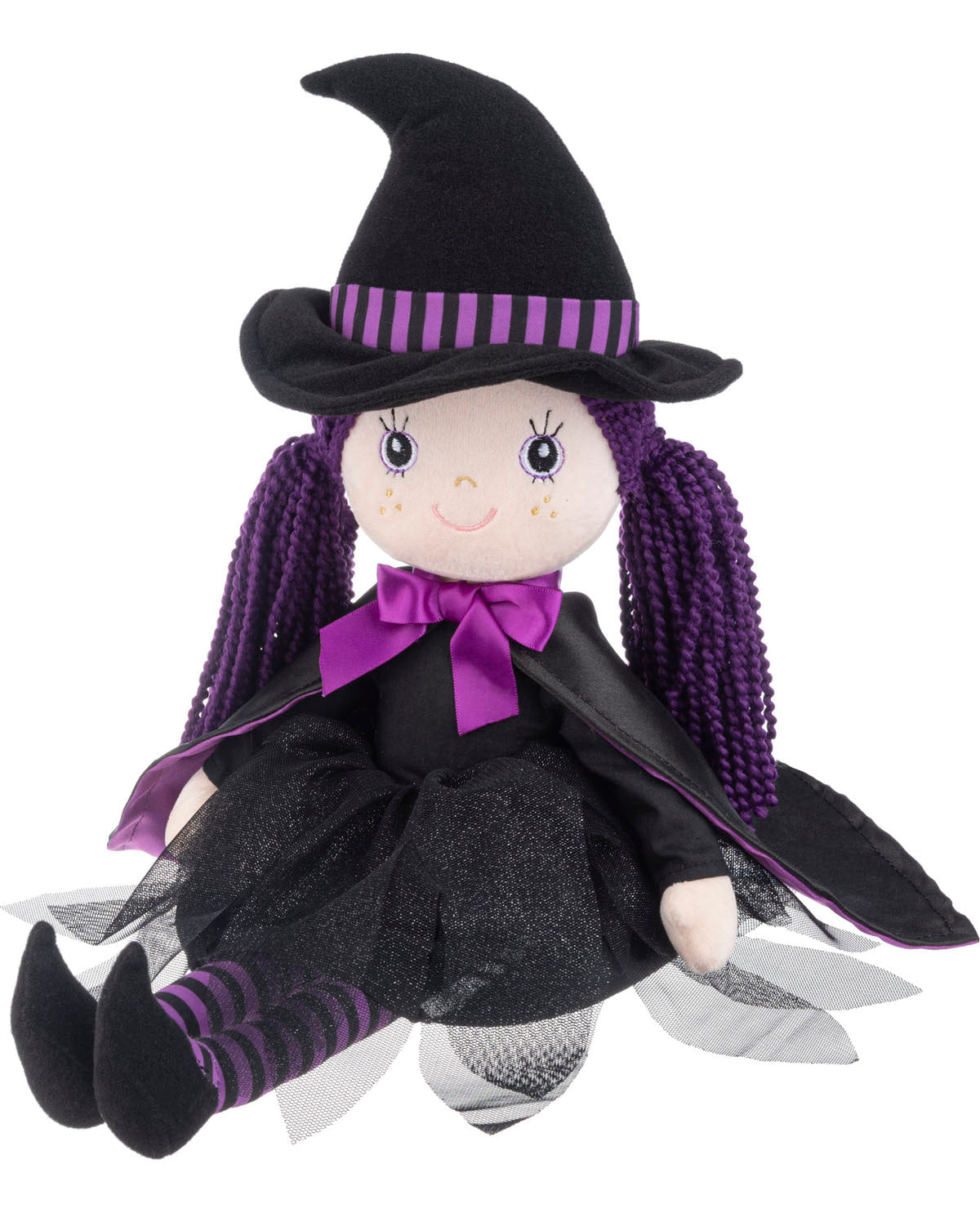 A witch doll plush toy with purple braided hair, a black pointed hat with purple stripes, a black dress, and a purple bow, shown against a plain white background.