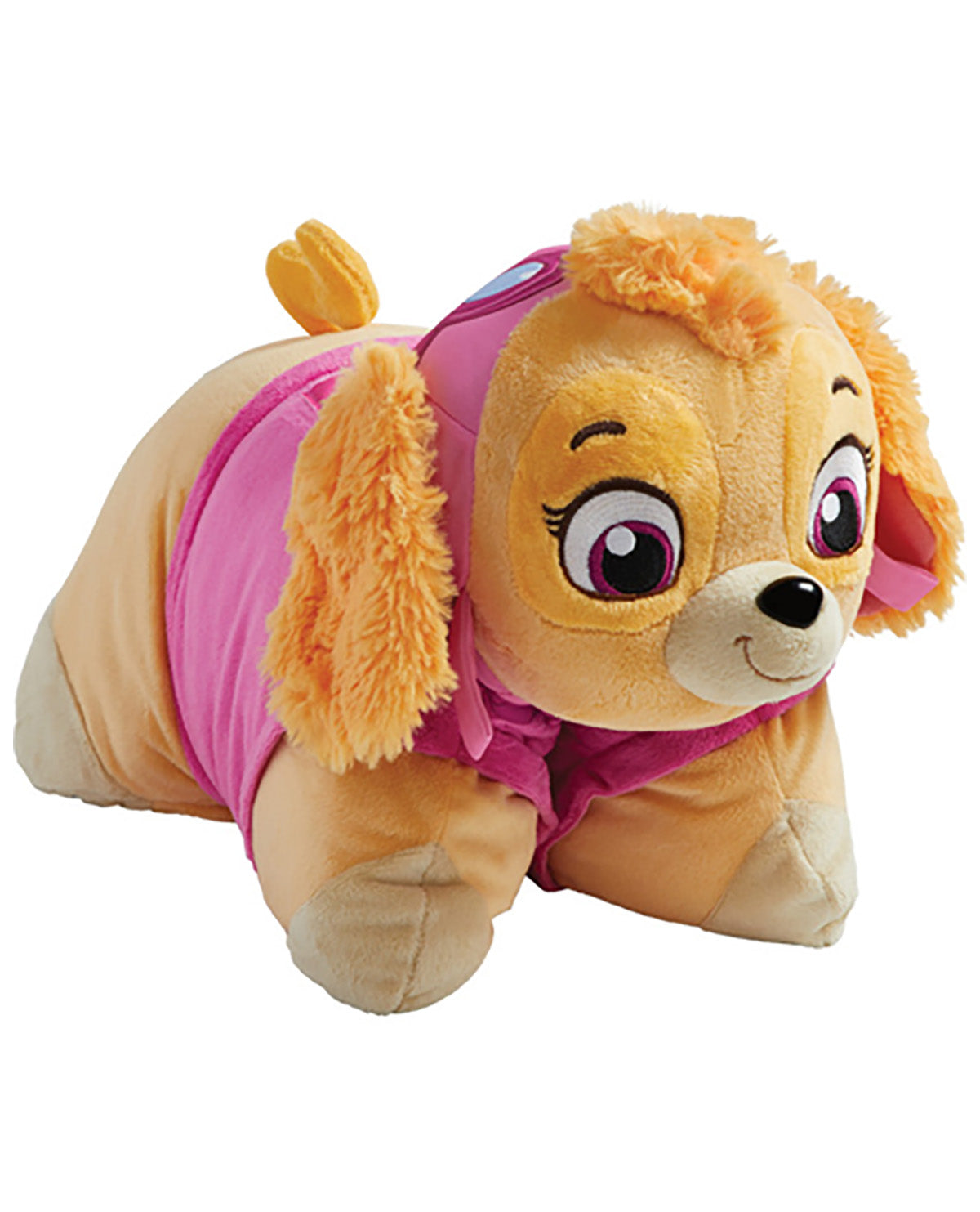 A plush toy dog character with tan fur, orange-brown floppy ears and mane, large purple eyes, and a bright pink outfit, shown on a plain white background.