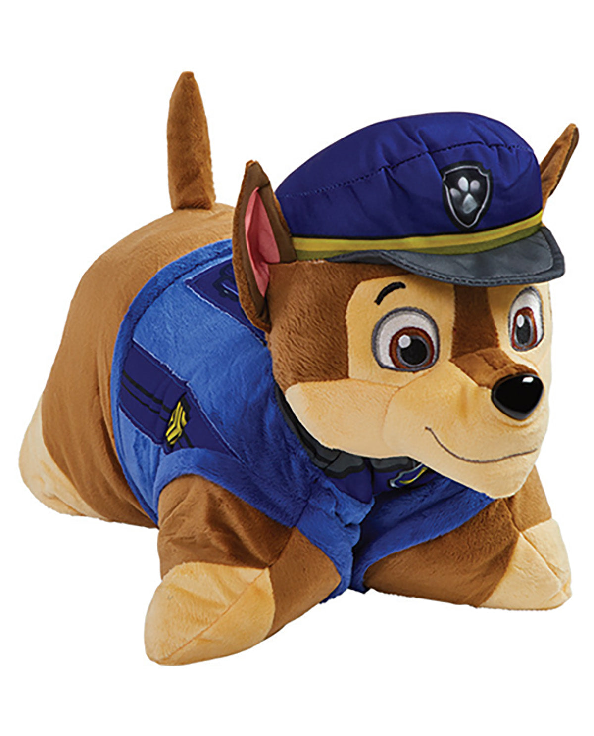A Paw Patrol Chase plush toy wearing a blue uniform and cap, photographed on a plain white background.