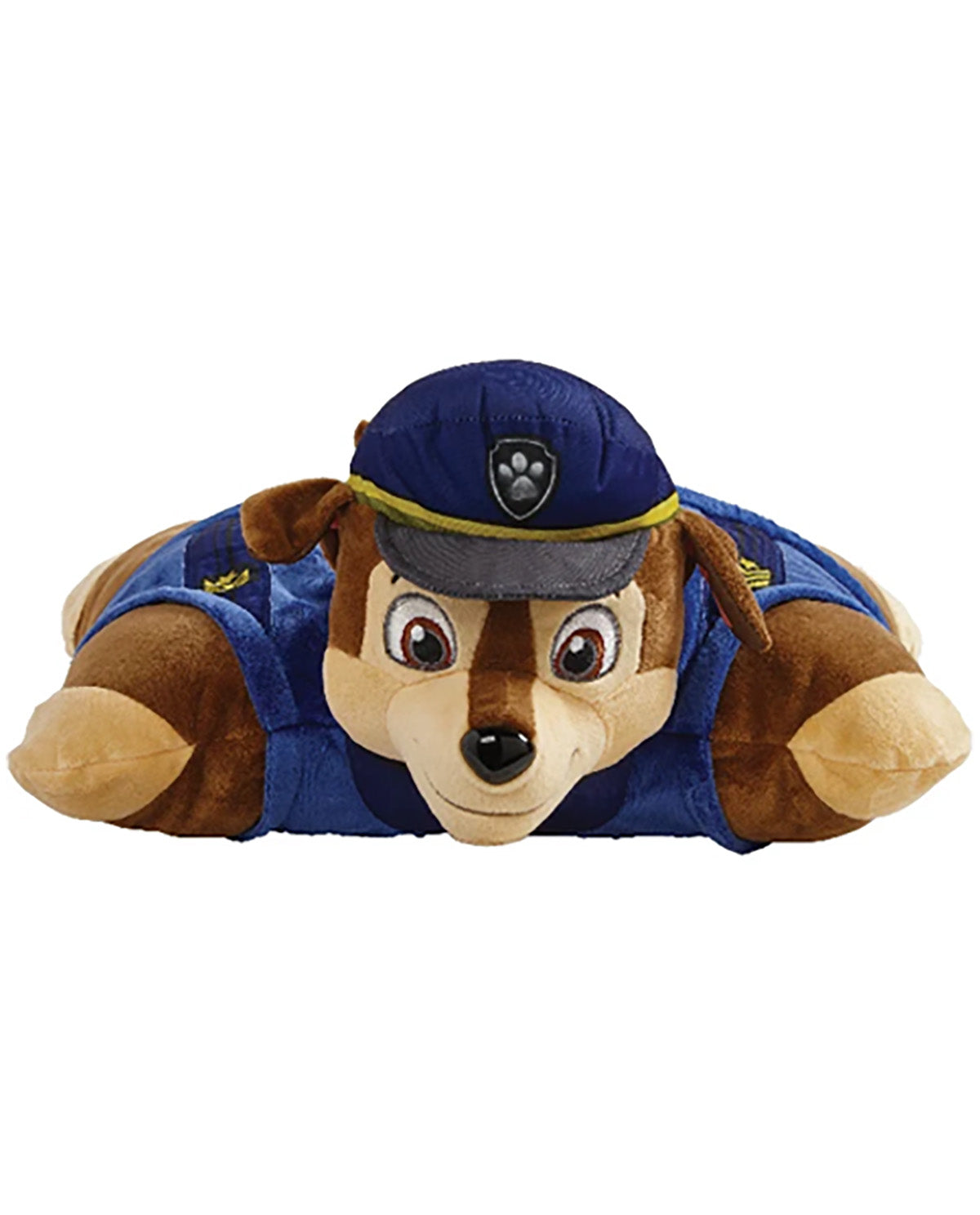A plush dog toy dressed as a police officer, featuring brown fur, a tan muzzle, and a blue uniform with a matching cap, photographed on a plain white background.
