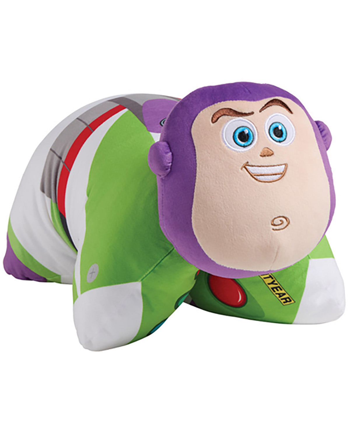 A Buzz Lightyear plush toy pillow shaped like his space ranger suit, featuring a purple head, green and white body, and a red button, on a plain white background.