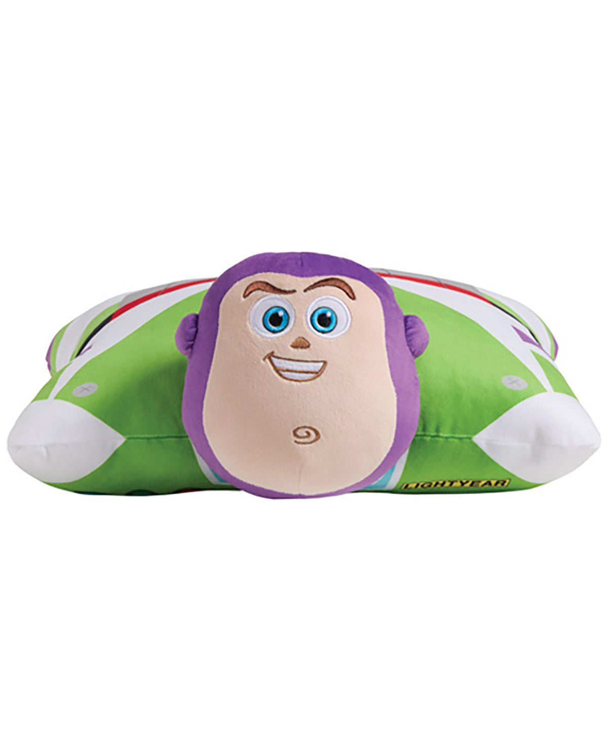 A Buzz Lightyear plush pillow designed to fit into a pillow, featuring Buzz's face on the front and his green and white space ranger body behind it, with a small 'LIGHTYEAR' text detail on the side.