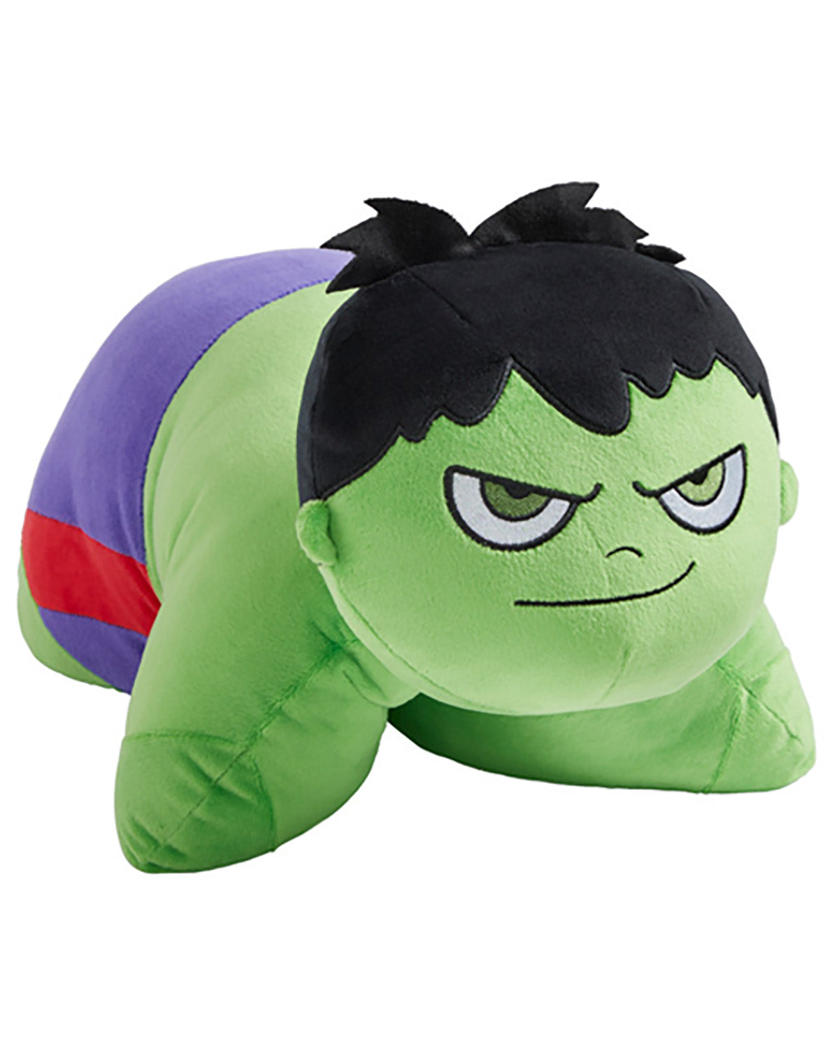 A green plush toy shaped like a crouching superhero with black hair, an angry expression, and purple and red clothing accents, shown on a plain white background.