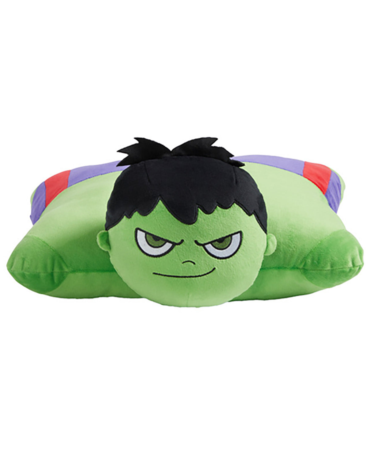 A plush pillow designed to look like the Hulk, featuring a green face and body, black hair, and a purple and red striped shirt, shown on a plain white background.