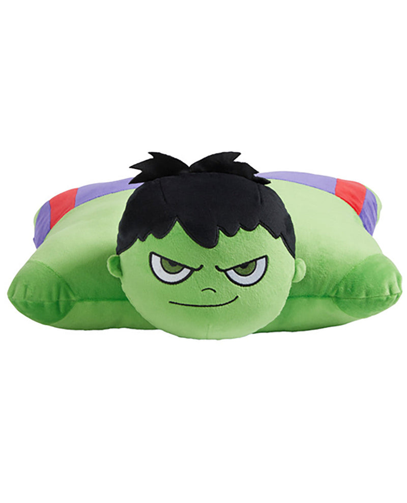 A plush pillow designed to look like the Hulk, featuring a green face and body, black hair, and a purple and red striped shirt, shown on a plain white background.