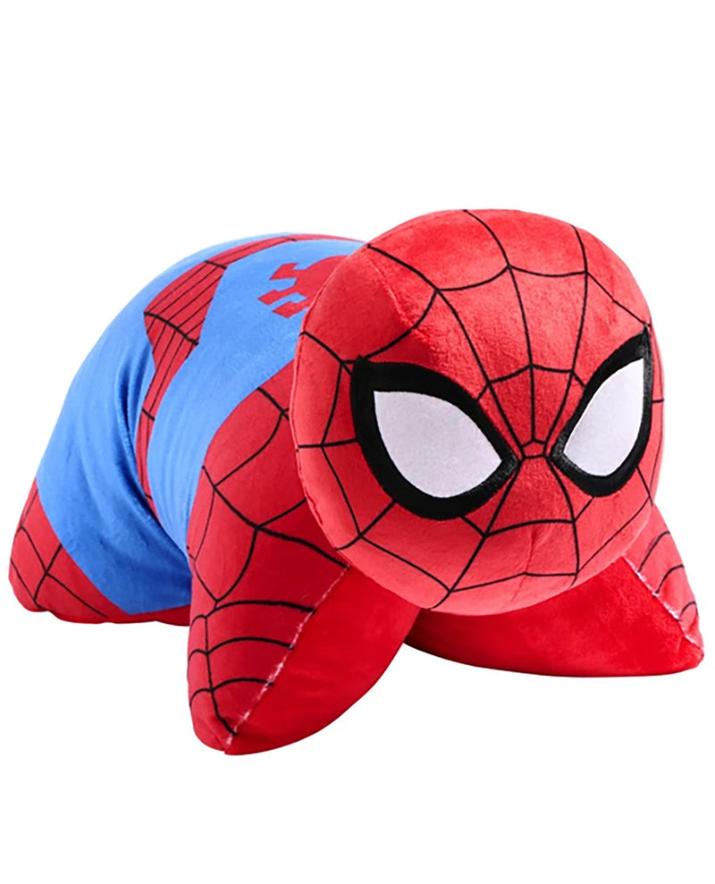A Spider-Man plush toy designed to look like a crawling person, featuring red and blue fabric with black web patterns, large white eyes, and a red spider emblem on the back, set against a plain white background.