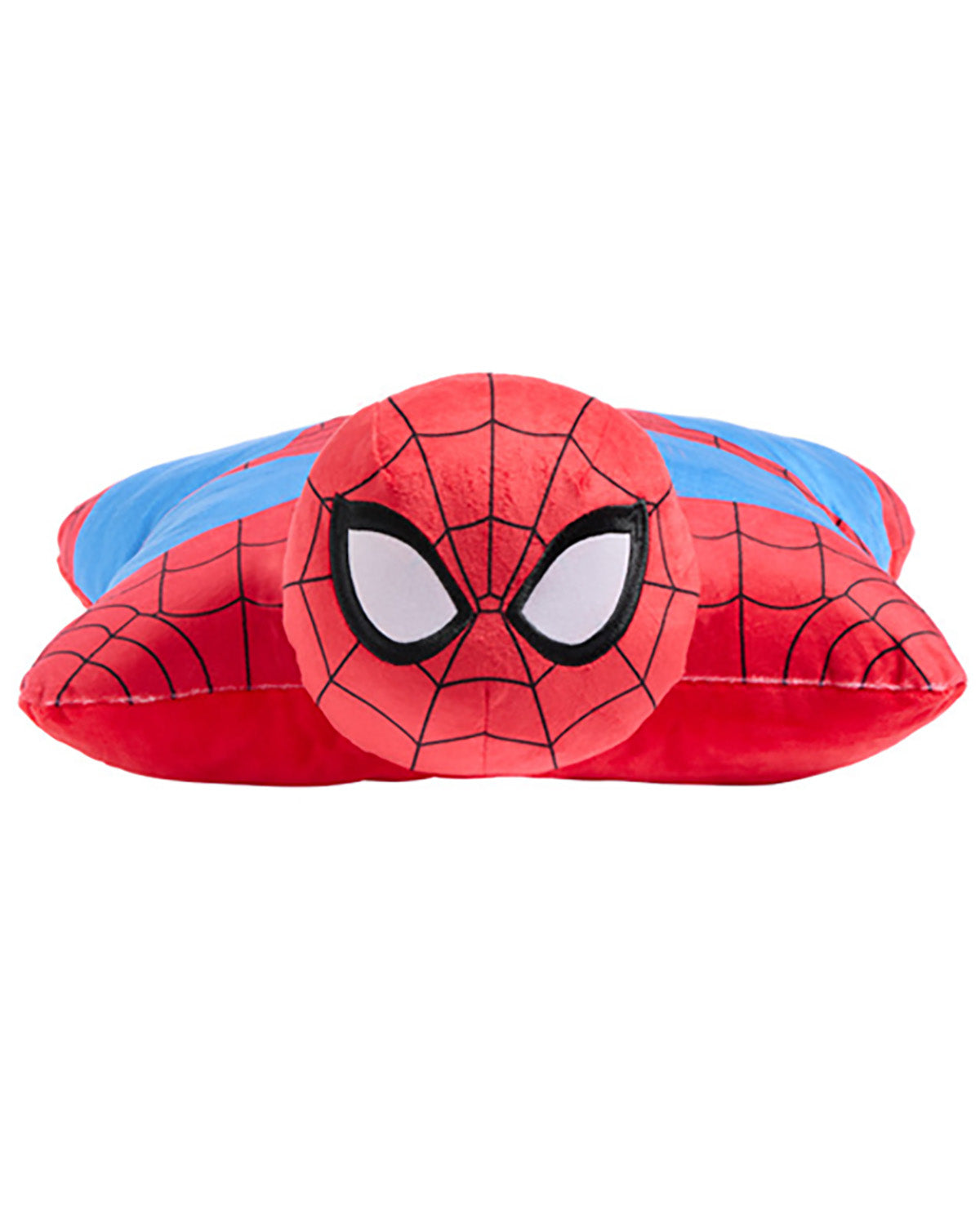 A plush Spider-Man-themed pillow shaped like his mask and shoulders, with red and blue fabric, black web lines, and large white eyes, shown on a plain white background.
