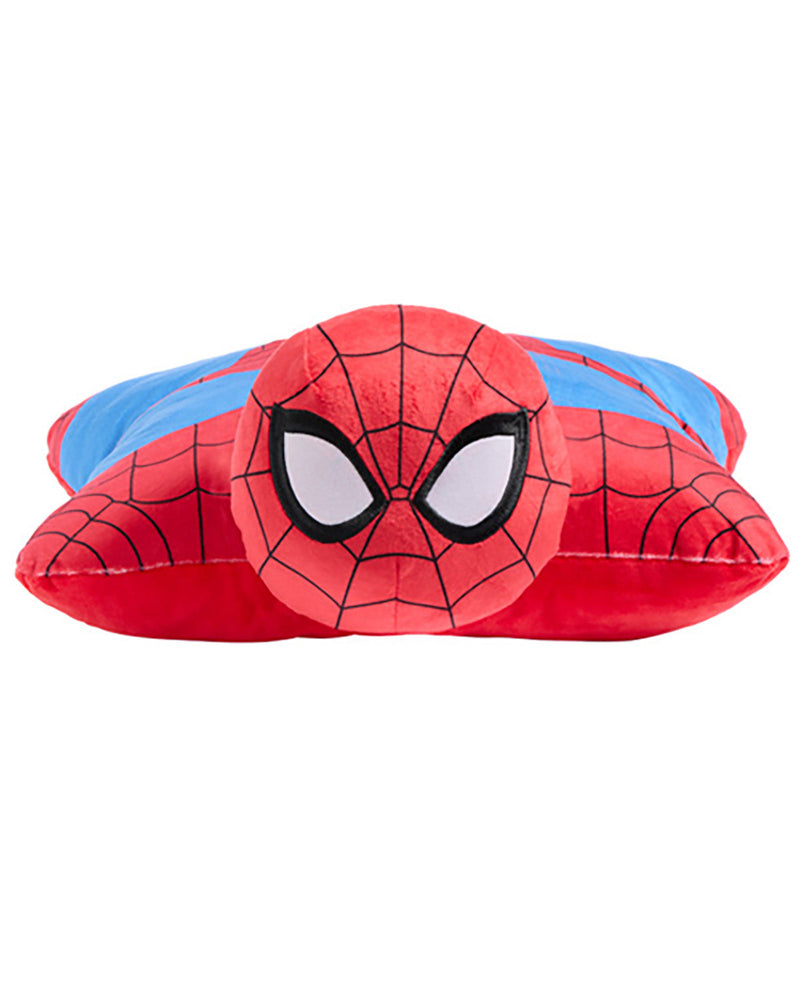 A plush Spider-Man-themed pillow shaped like his mask and shoulders, with red and blue fabric, black web lines, and large white eyes, shown on a plain white background.