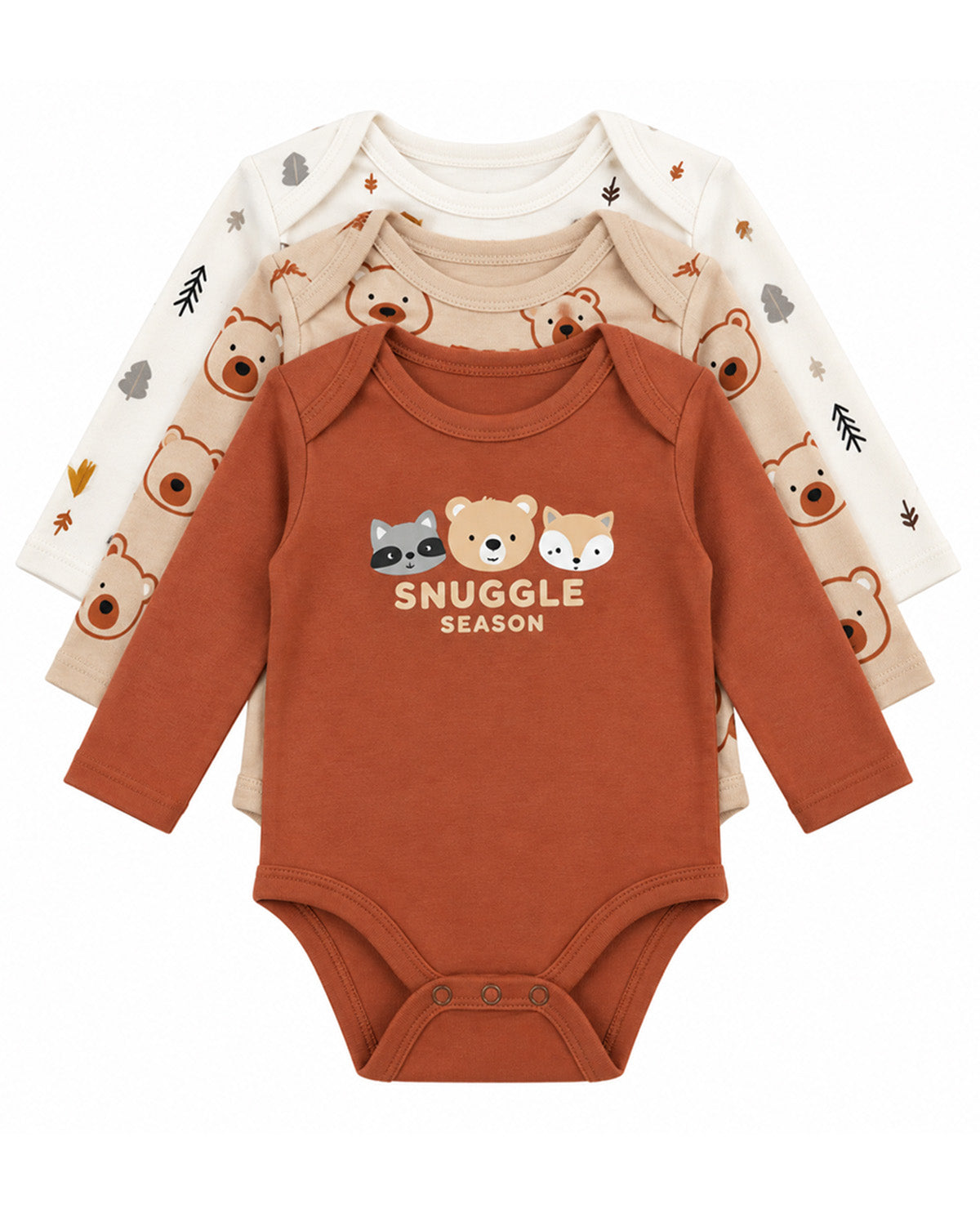 Three long-sleeve baby bodysuits stacked together on a white background. The front bodysuit is rust orange with a 'SNUGGLE SEASON' graphic featuring cartoon animals.