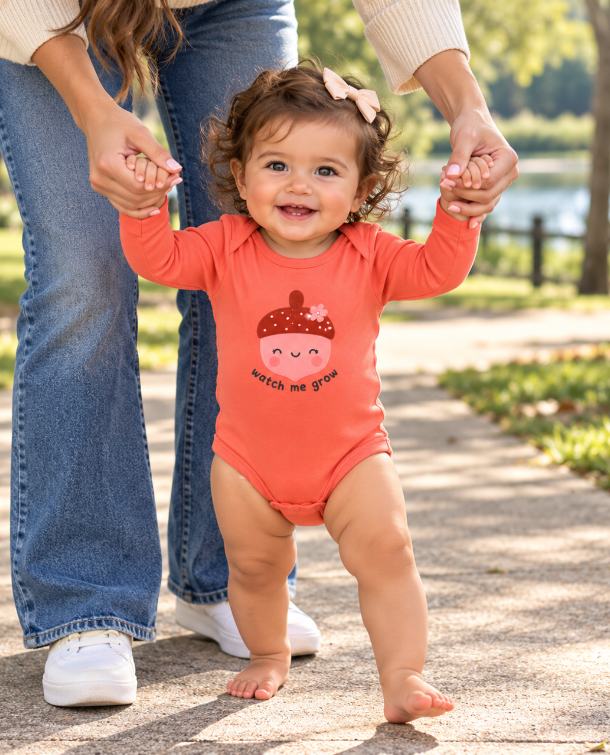A toddler wearing a coral orange long-sleeve bodysuit with an acorn graphic and the text 'watch me grow' walks barefoot outdoors while holding hands with an adult.