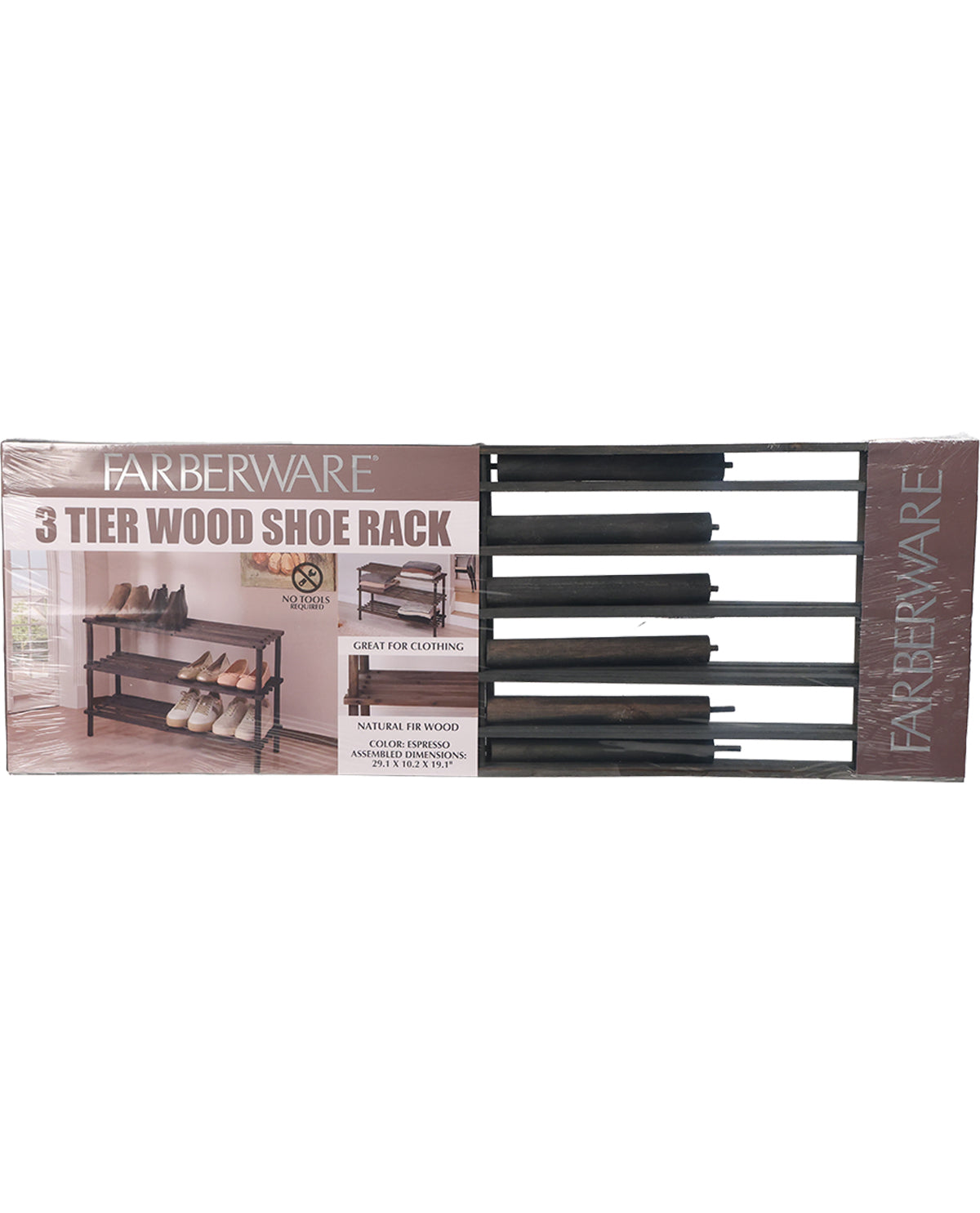 Farberware 3 Tier Wood Shoe Rack in its retail packaging, featuring a brown wood-grain design with black metal legs.
