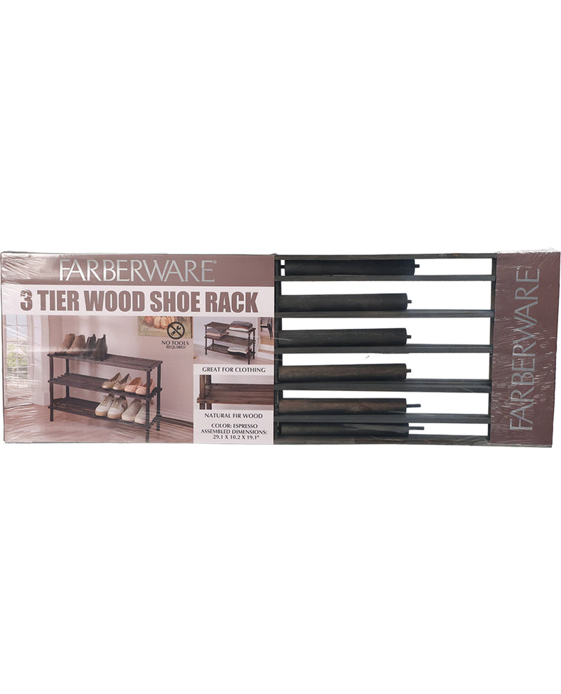Farberware 3 Tier Wood Shoe Rack in its retail packaging, featuring a brown wood-grain design with black metal legs.