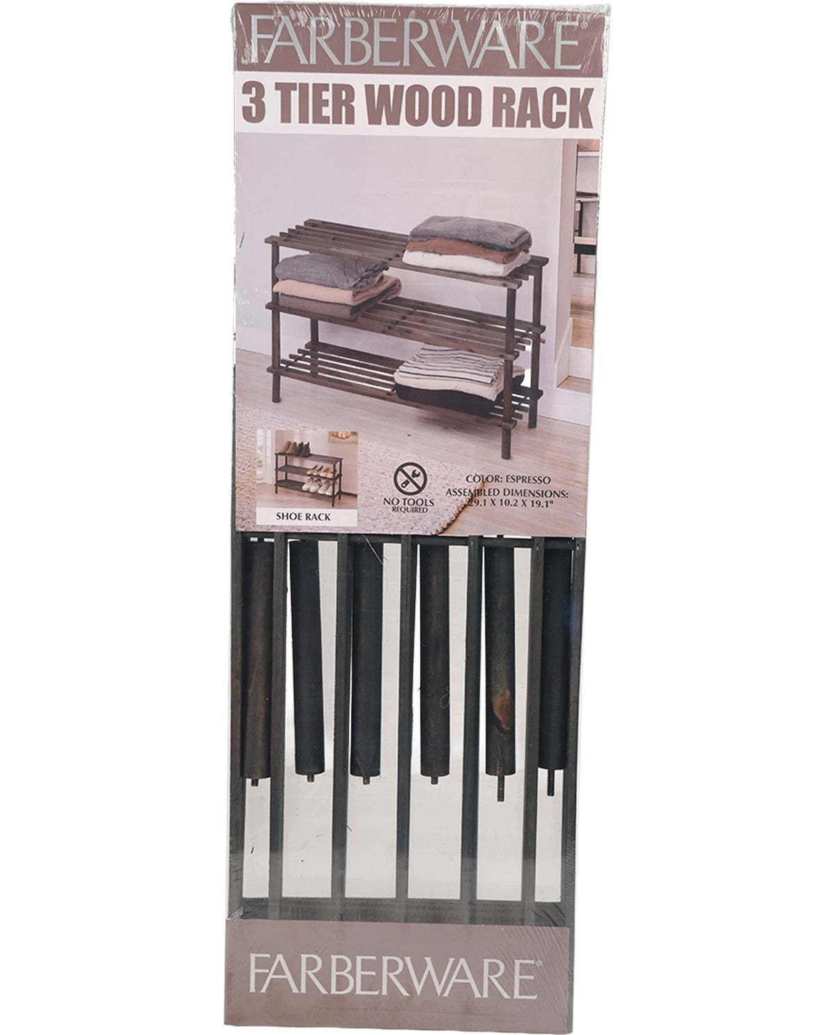Farberware 3 Tier Wood Rack in a tall retail package, showing the packaged rack with printed product photo and text on a white background.