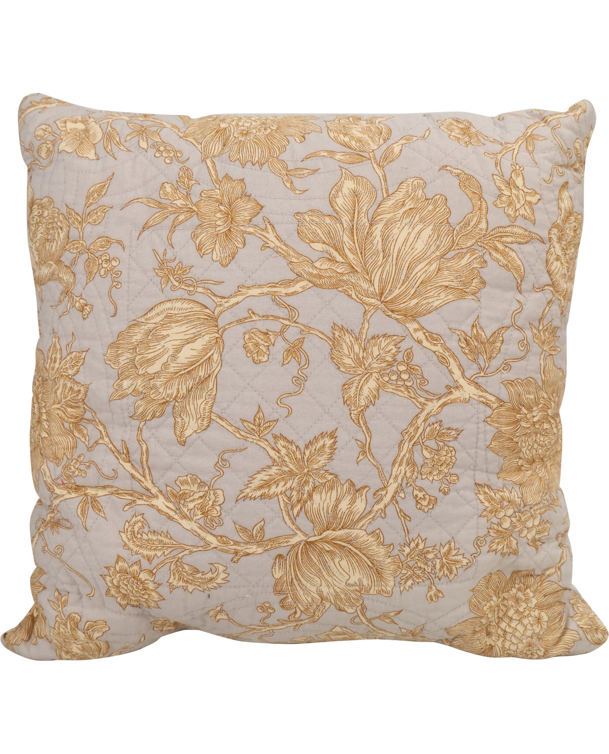 A square decorative throw pillow featuring a gold floral and vine pattern on a light beige background, shown against a plain white studio background.