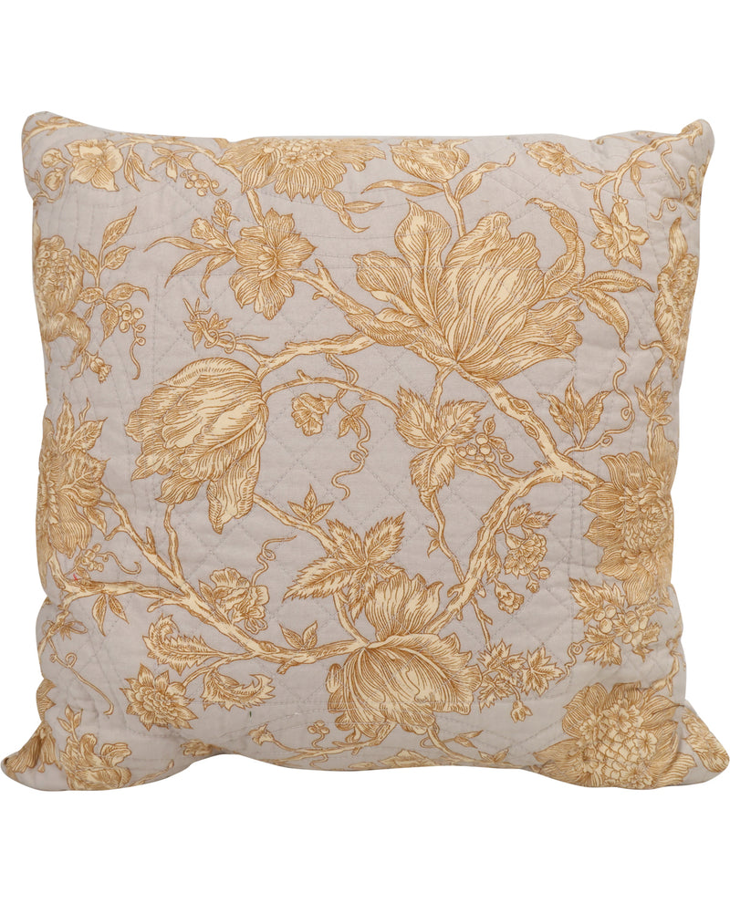 A square decorative throw pillow featuring a gold floral and vine pattern on a light beige background, shown against a plain white studio background.