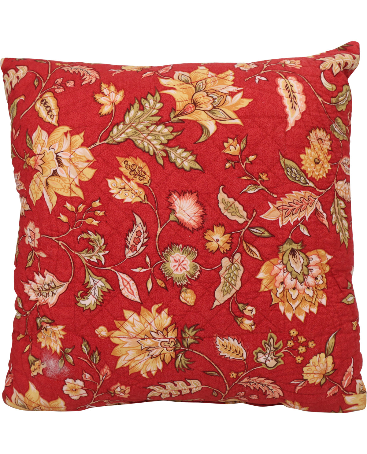 A square decorative throw pillow featuring a vibrant red background with an intricate floral and botanical pattern in shades of yellow, beige, and muted green.