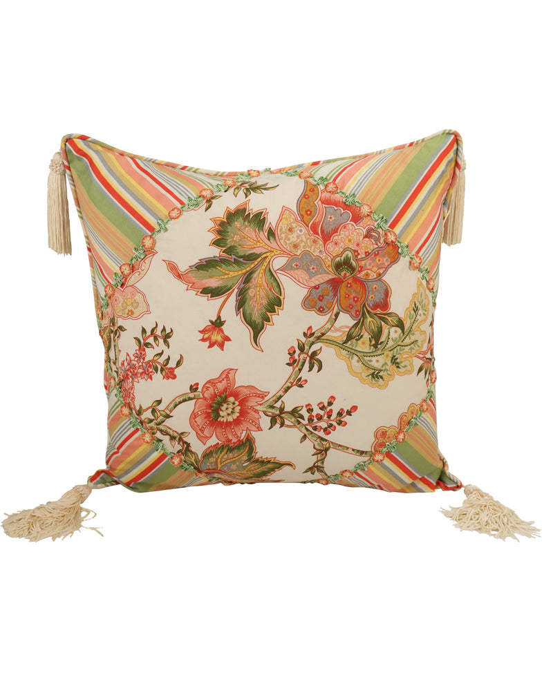 A square decorative throw pillow featuring a multicolor floral and botanical tapestry pattern on a cream background, with striped accents on the sides and tassels on the corners, shown against a plain white background.