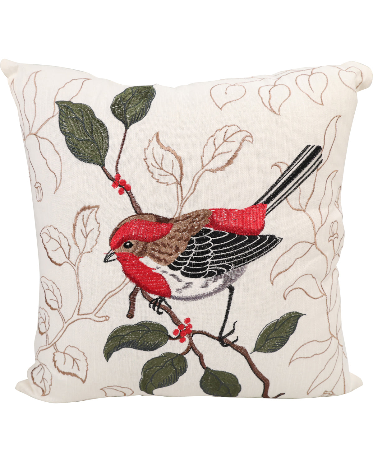 A square decorative throw pillow featuring an embroidered red bird perched on a branch with green leaves and small red berries, set against a cream background with light brown leaf outlines.