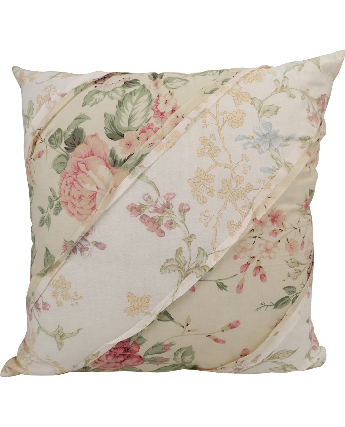 A square decorative throw pillow featuring a vintage floral print with diagonal ruffle panels on a cream background.