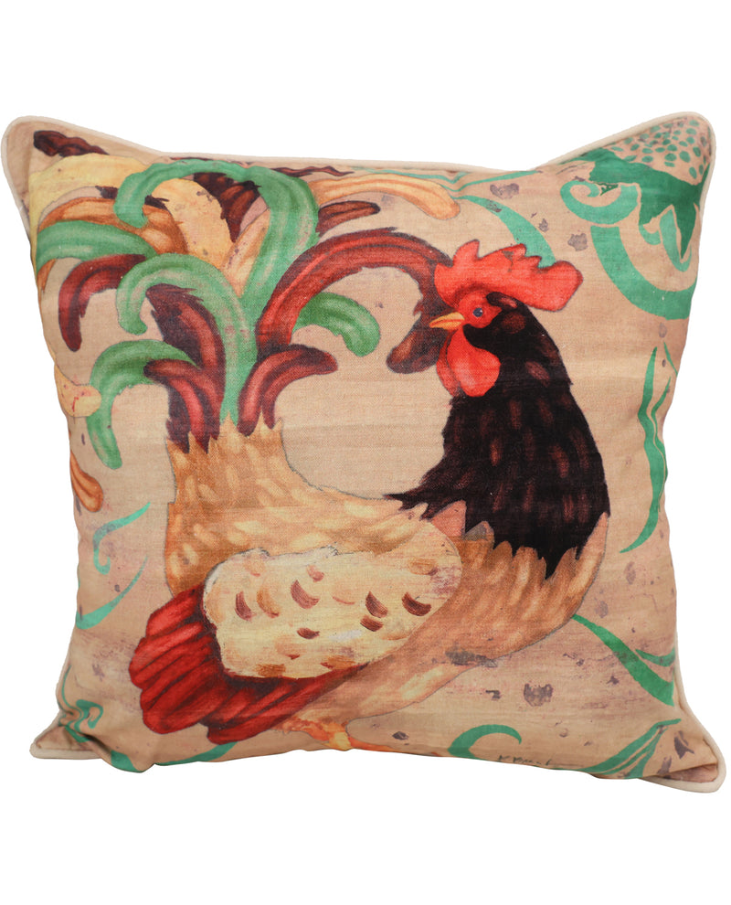 A square decorative throw pillow featuring a rustic tapestry-style print of a rooster and hen with green vines on a beige linen background.