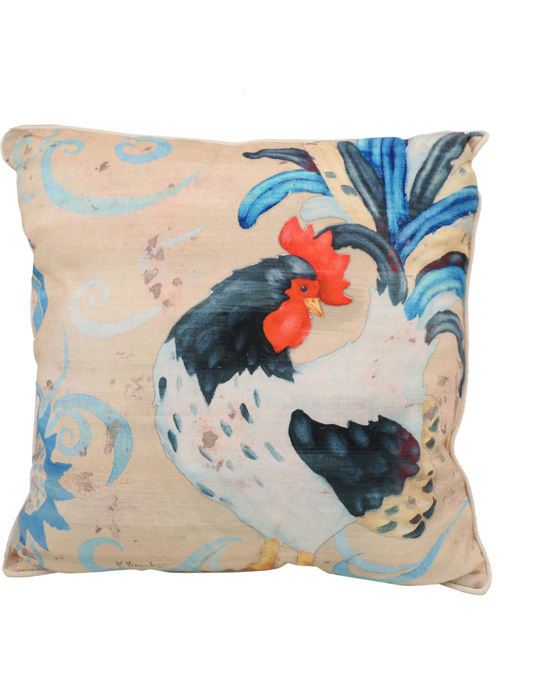A square decorative throw pillow featuring a painted rooster design on a beige background with blue swirl patterns.