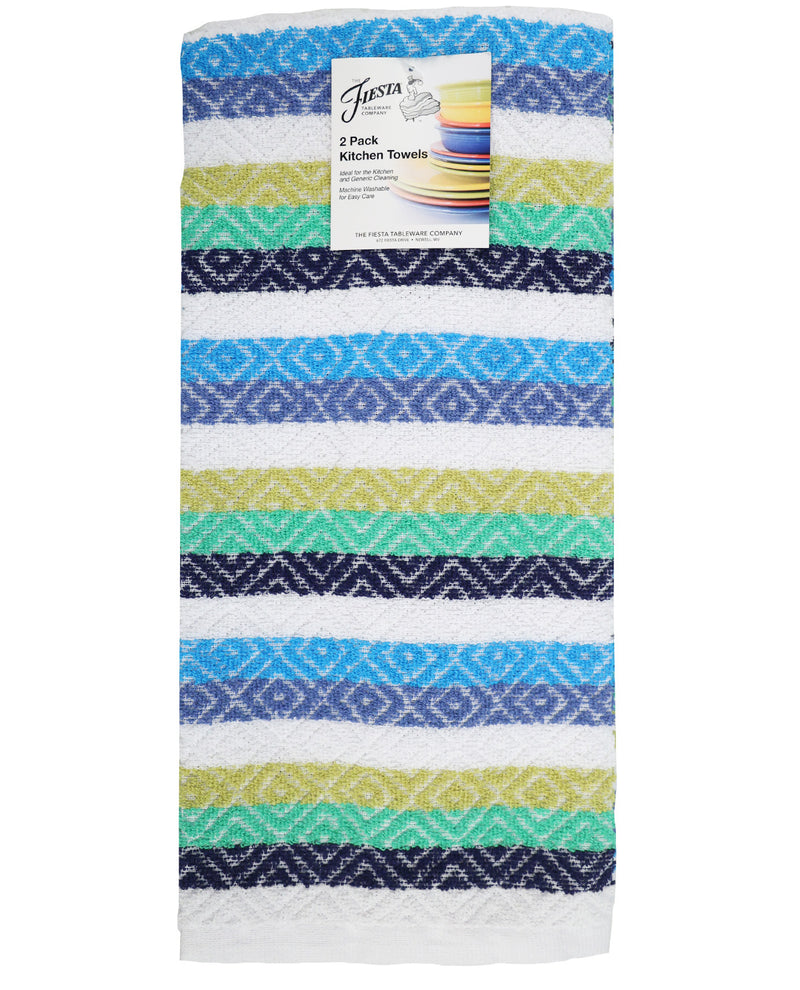 A 2-pack of Jesta kitchen towels featuring a colorful horizontal striped pattern with geometric diamond motifs in blue, green, yellow, and navy on a white background.