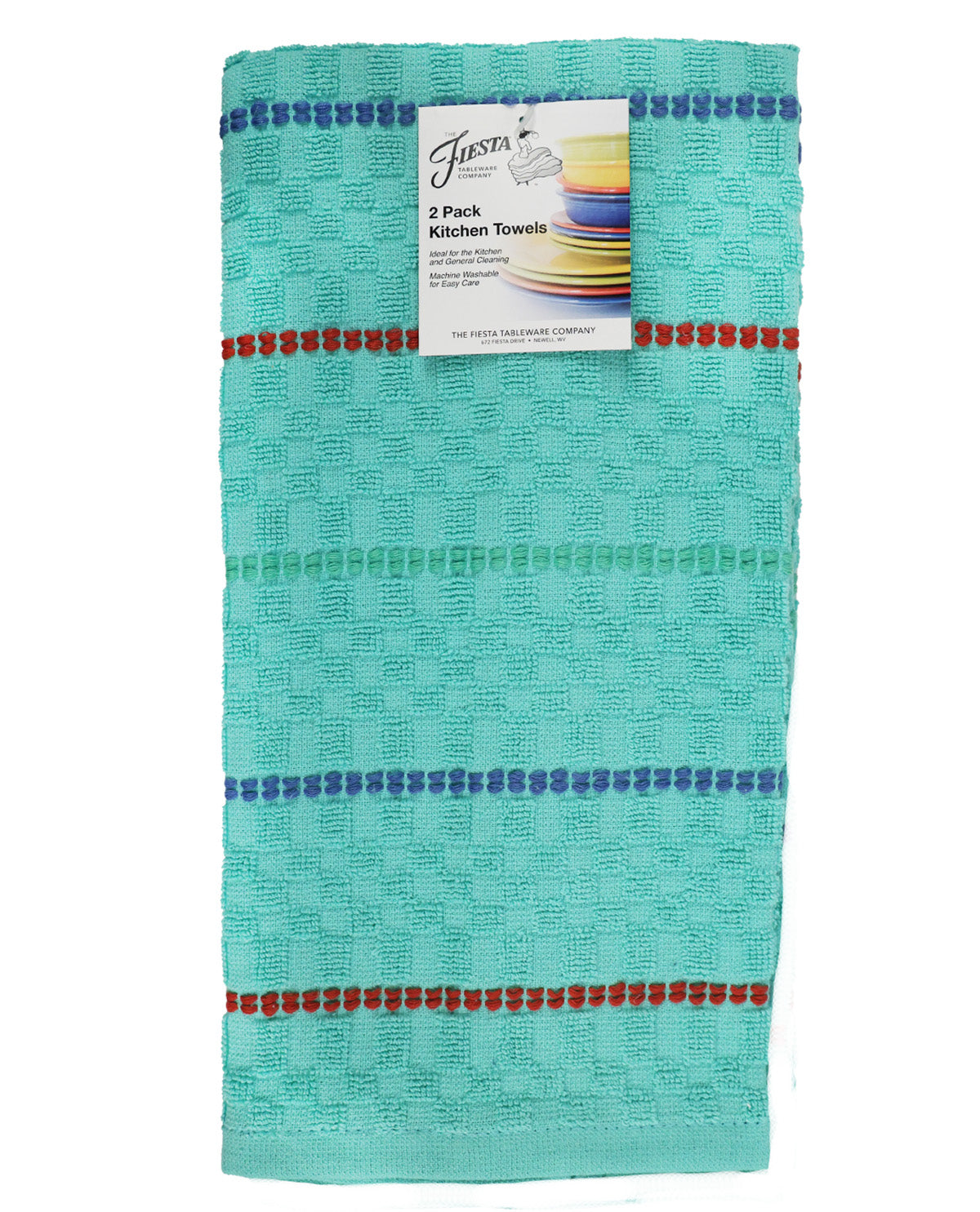 A turquoise 2-pack kitchen towel set with textured stripes in red, blue, and green, featuring a Fiesta brand tag.