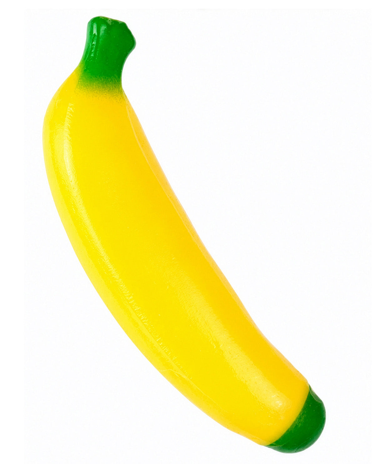 A yellow banana-shaped squishy toy with green ends, isolated on a white background.