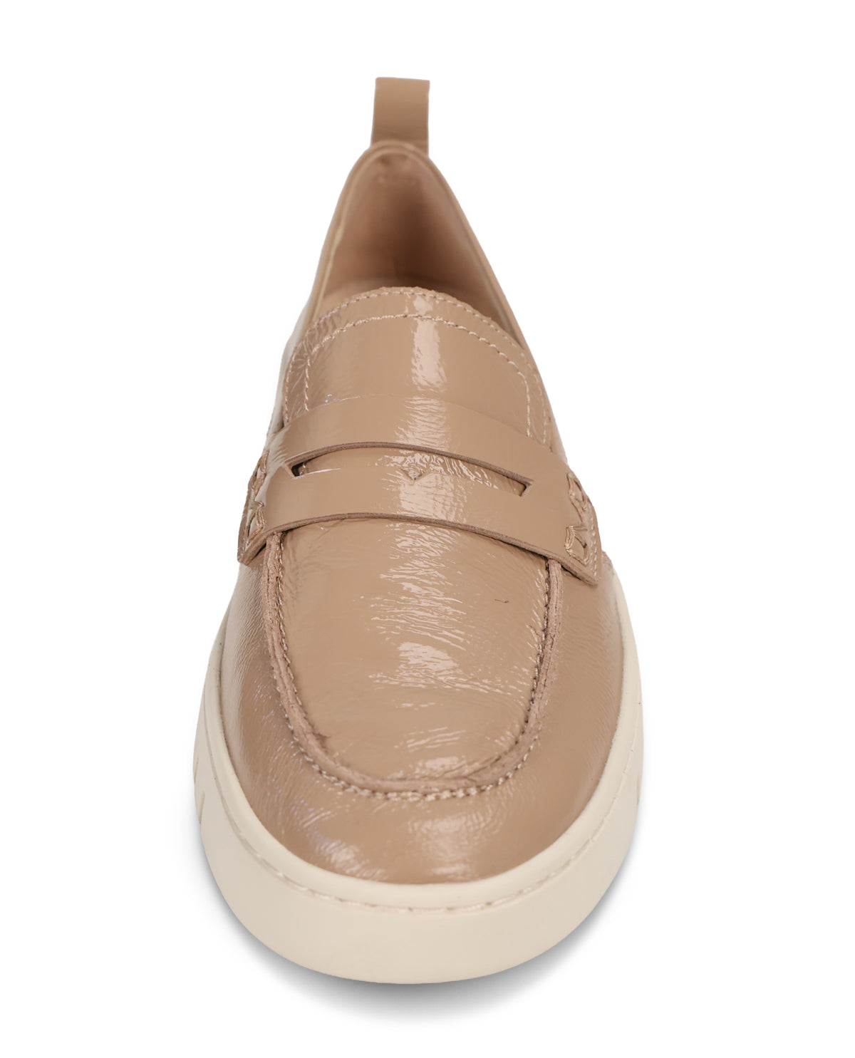 A single beige patent leather loafer with a thick cream-colored platform sole, shown from a top-down perspective on a white background.