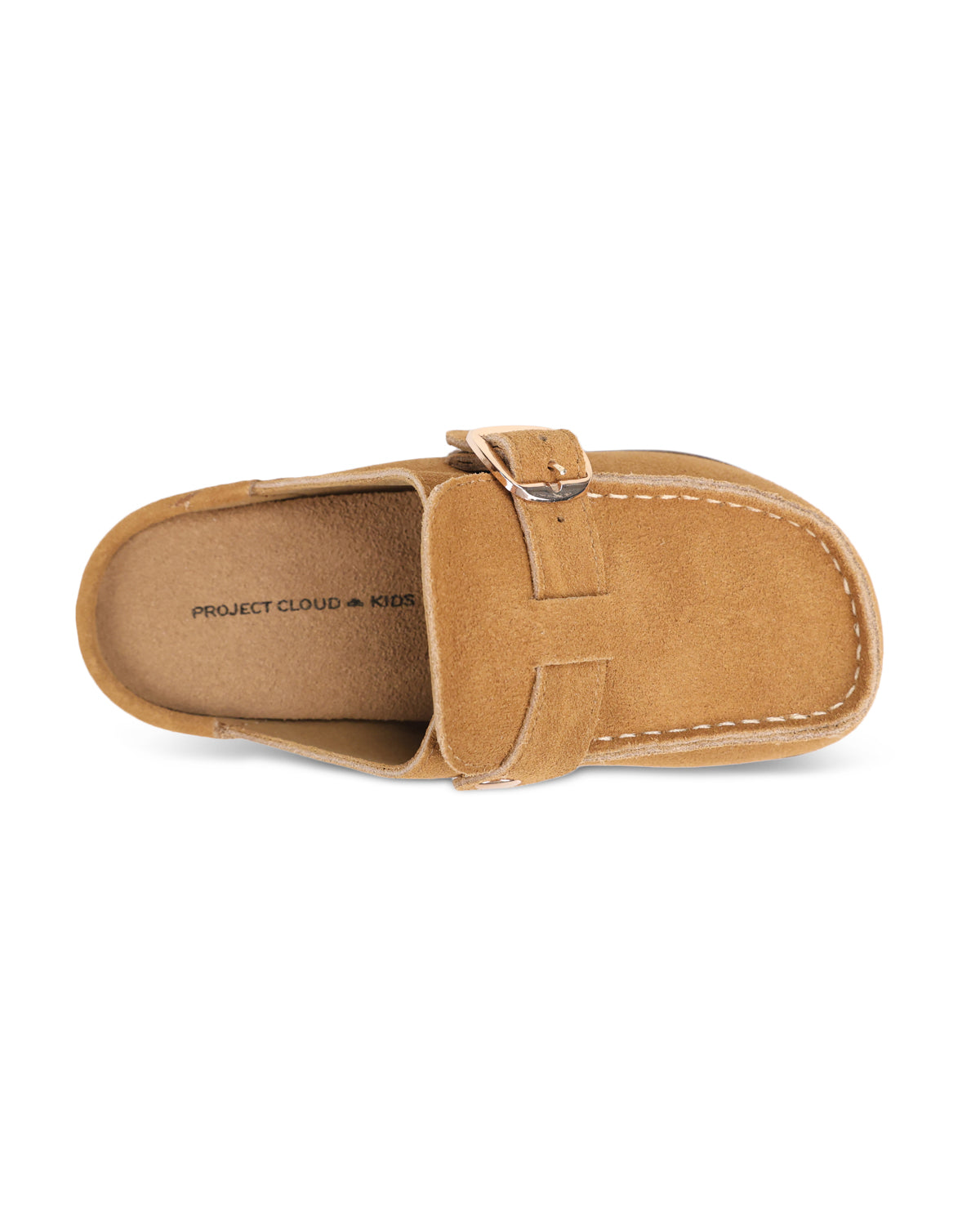 A tan suede mule shoe with a decorative strap and buckle detail, shown from a top-down view on a white background. The brand name 'PROJECT CLOUD + KIDS' is printed on the insole.