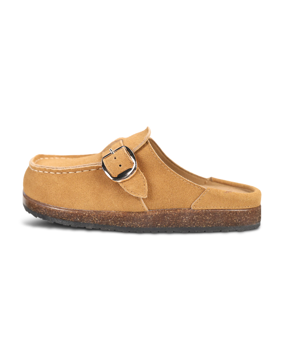 A single tan suede clog-style mule shoe with a brown cork-look sole and a silver buckle strap, shown in profile against a white background.