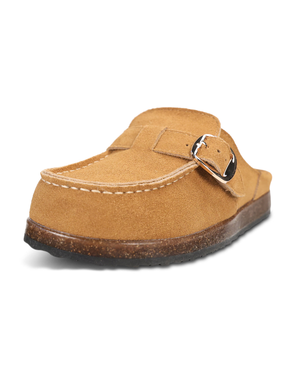 A tan suede mule clog with a brown cork-look midsole and a silver buckle strap, shown from a three-quarters angle on a white background.